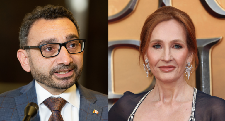 JK Rowling (right) confronted Omar Alghabra about a video he posted on Twitter, which some are calling a 