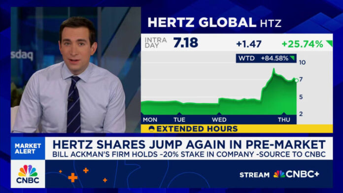 Hertz shares jump again in the pre-marked after Bill Ackman had taken on a great participation in the rental car company
