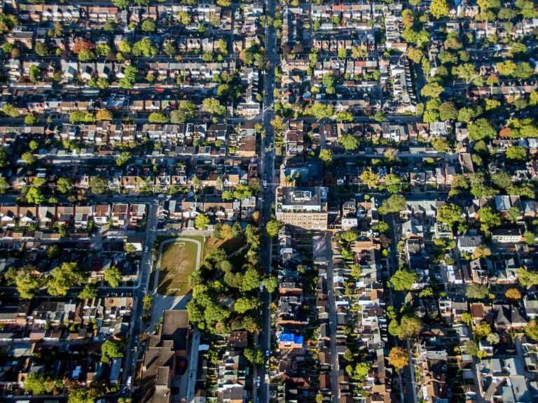 Houses are visible in this aerial photo over Toronto, Ontario.